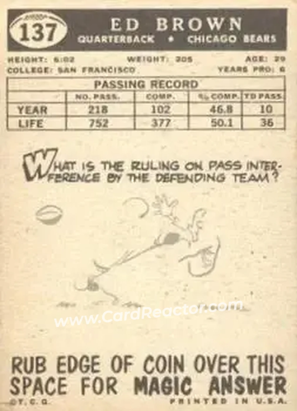 1959 Topps #137 - Ed Brown - Chicago Bears - Back