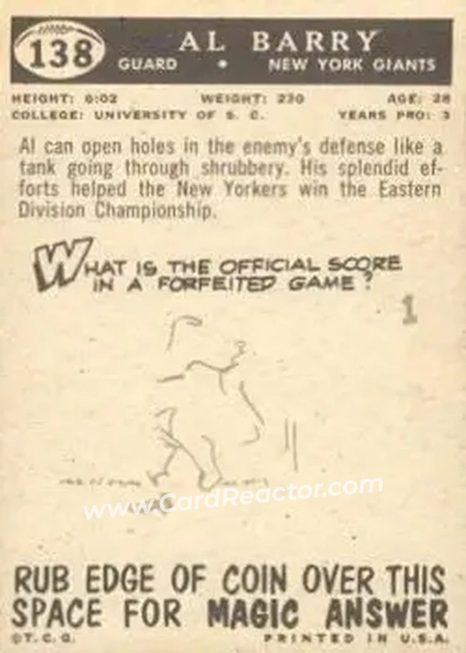 1959 Topps #138 - Al Barry - New York Giants - Back