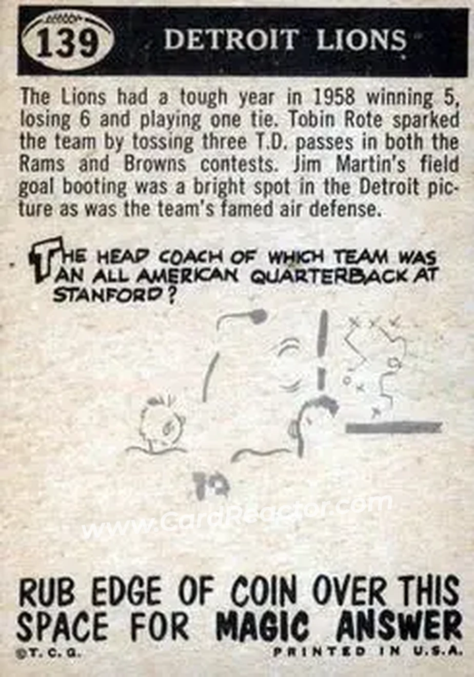 1959 Topps #139 - Card #139 - Detroit Lions - Back
