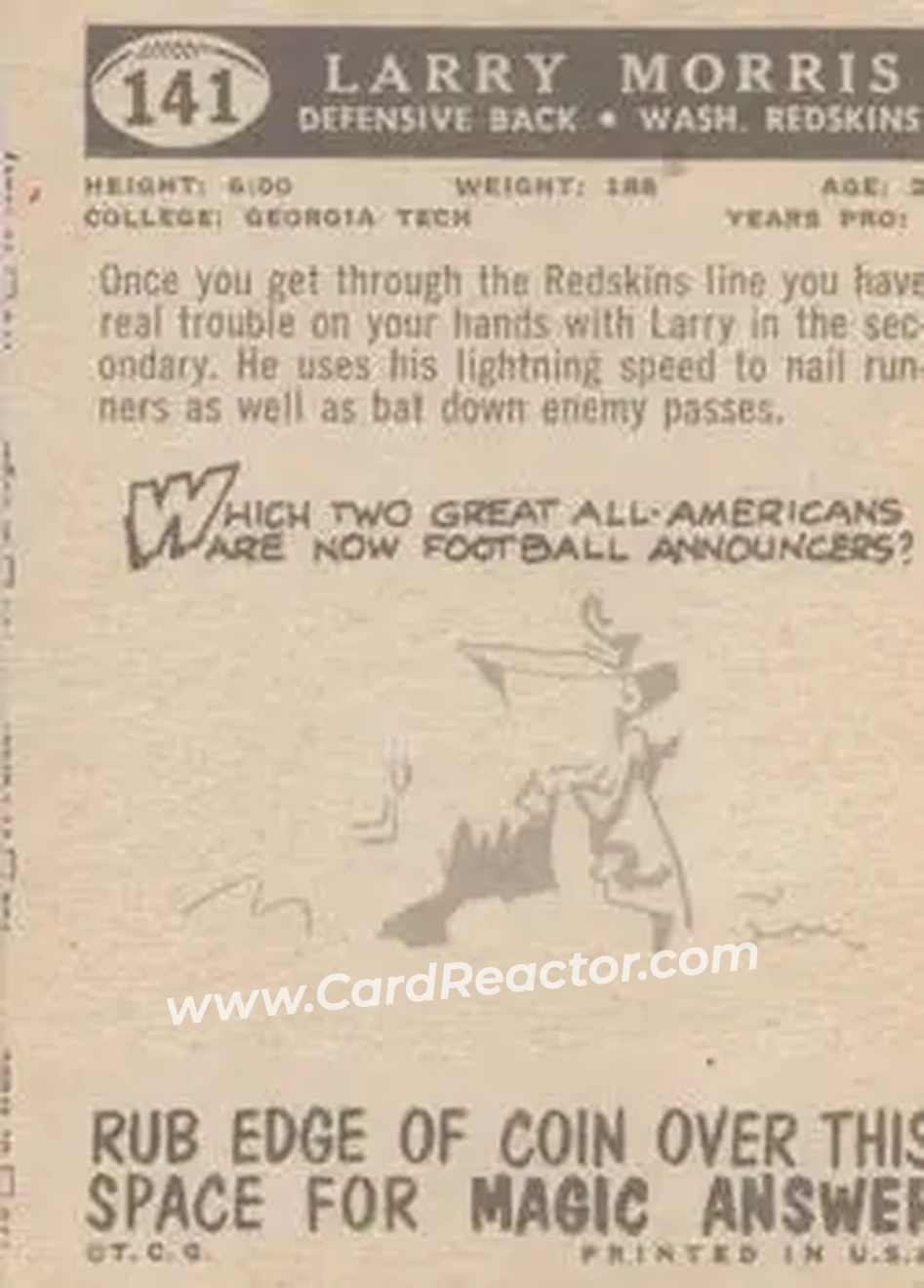 1959 Topps #141 - Larry Morris - Washington Redskins - Back