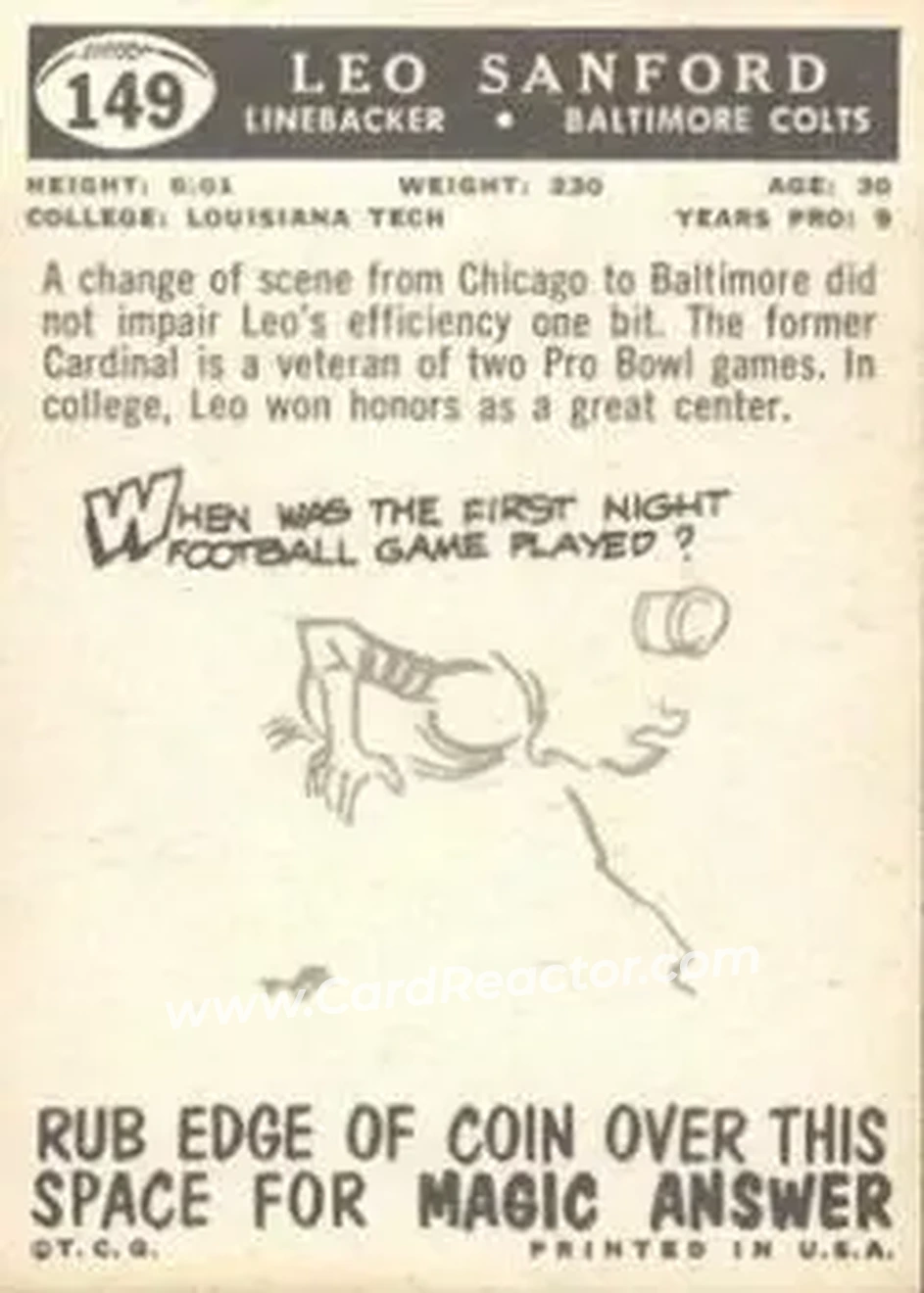 1959 Topps #149 - Leo Sanford - Baltimore Colts - Back