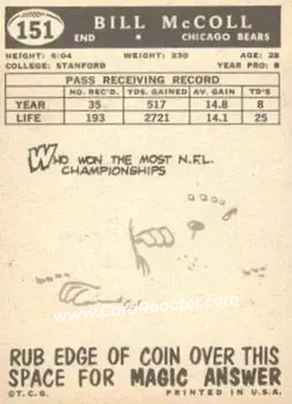 1959 Topps #151 - Bill McColl - Chicago Bears - Back