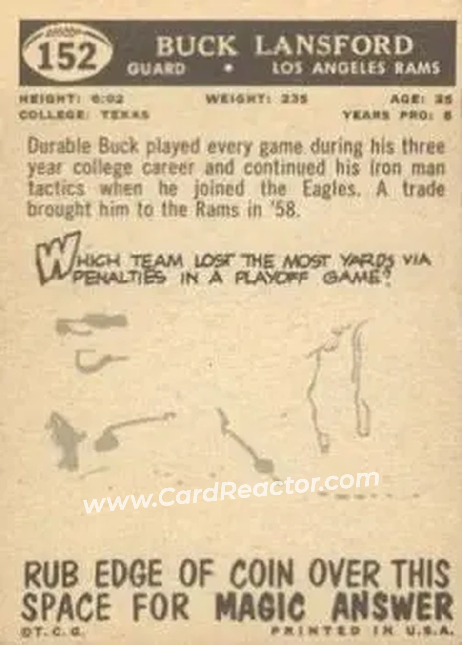 1959 Topps #152 - Buck Lansford - Los Angeles Rams - Back