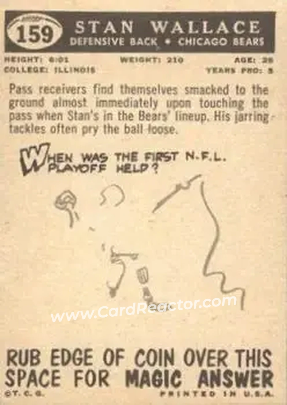 1959 Topps #159 - Stan Wallace - Chicago Bears - Back