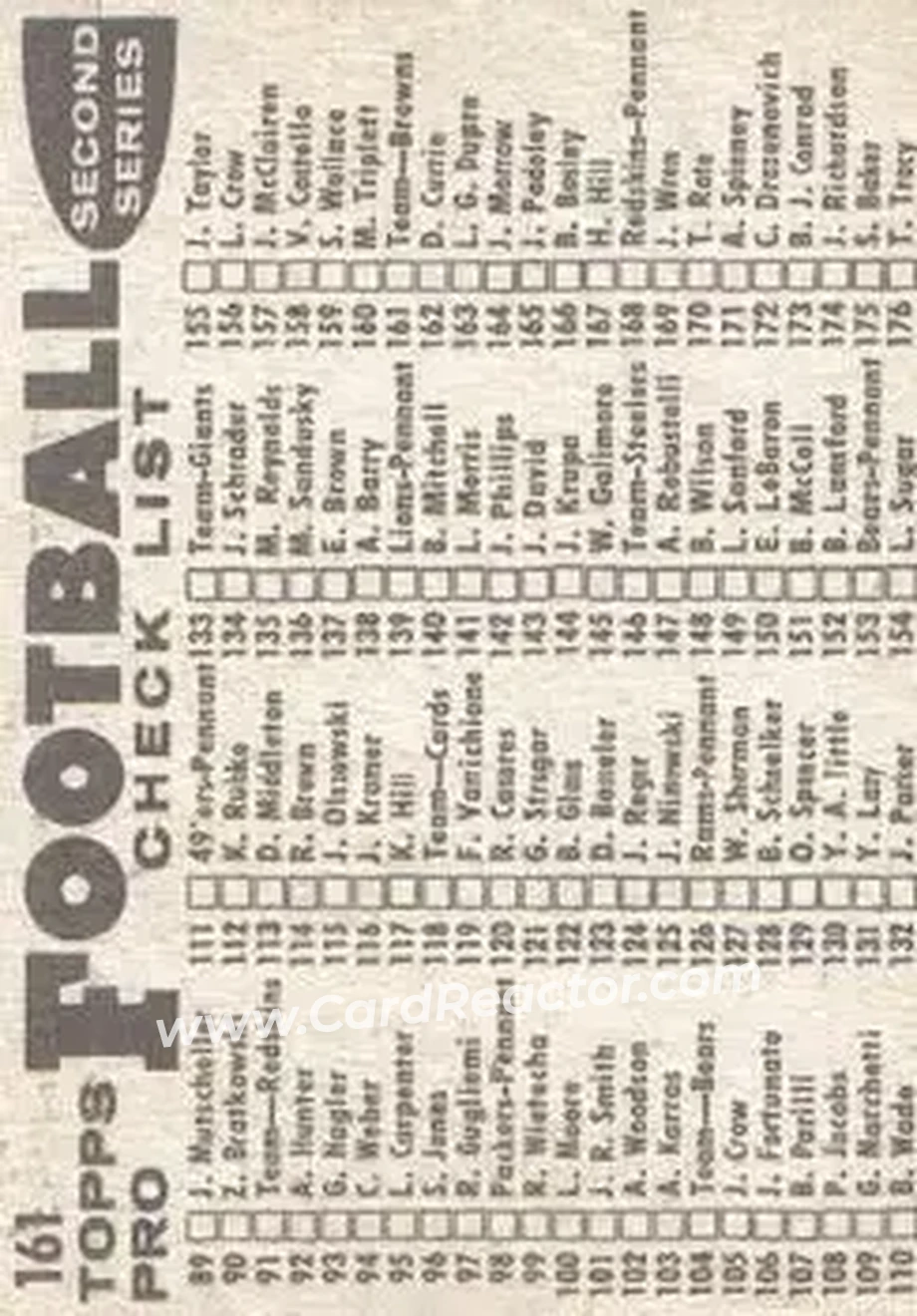 1959 Topps #161 - Card #161 - Cleveland Browns - Back