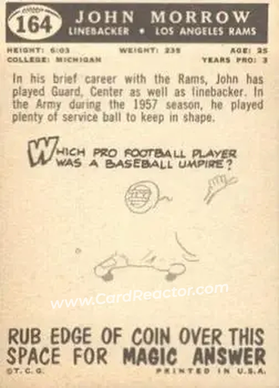 1959 Topps #164 - John Morrow - Los Angeles Rams - Back