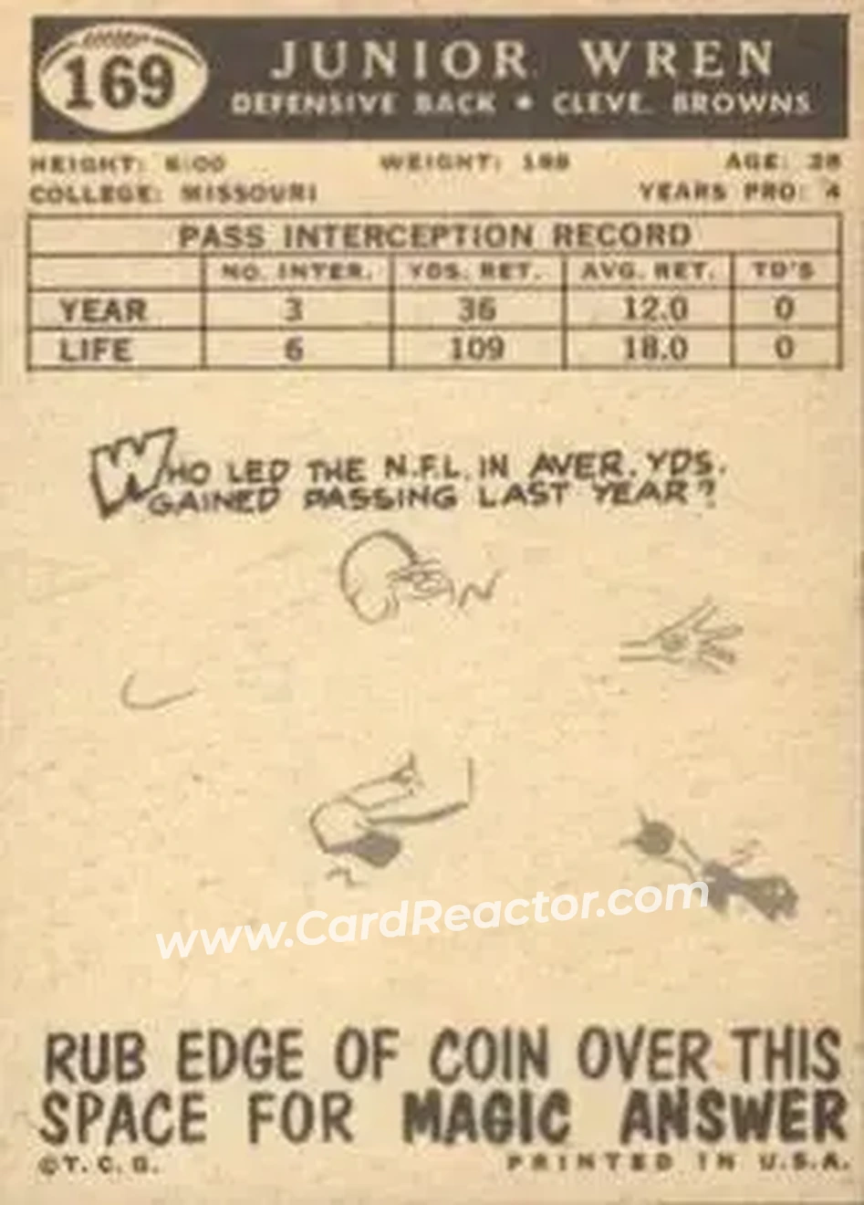 1959 Topps #169 - Junior Wren - Cleveland Browns - Back