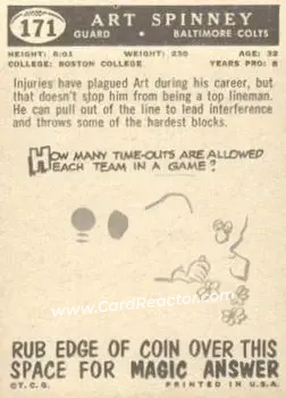 1959 Topps #171 - Art Spinney - Baltimore Colts - Back