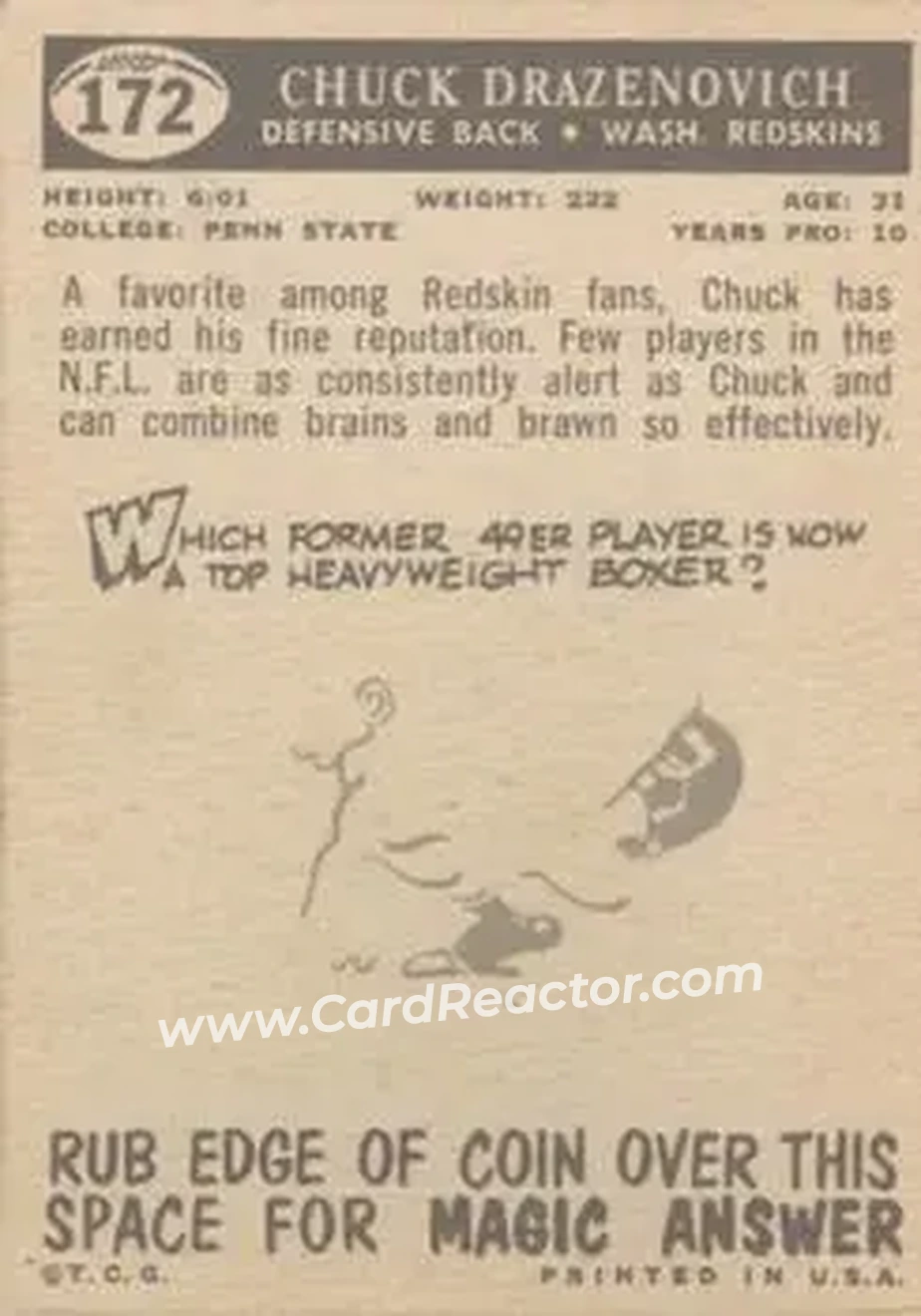 1959 Topps #172 - Chuck Drazenovich - Washington Redskins - Back
