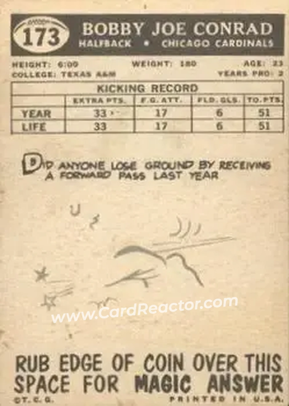 1959 Topps #173 - Bobby Joe Conrad - Chicago Cardinals - Back