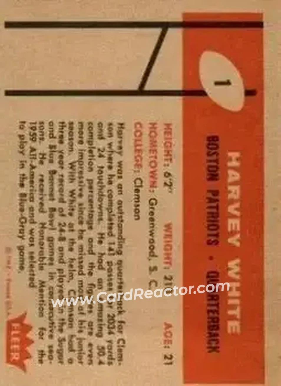 1960 Fleer #1 - Harvey White - Boston Patriots - Back 1960 Fleer #1 - Harvey White - Boston Patriots - Back