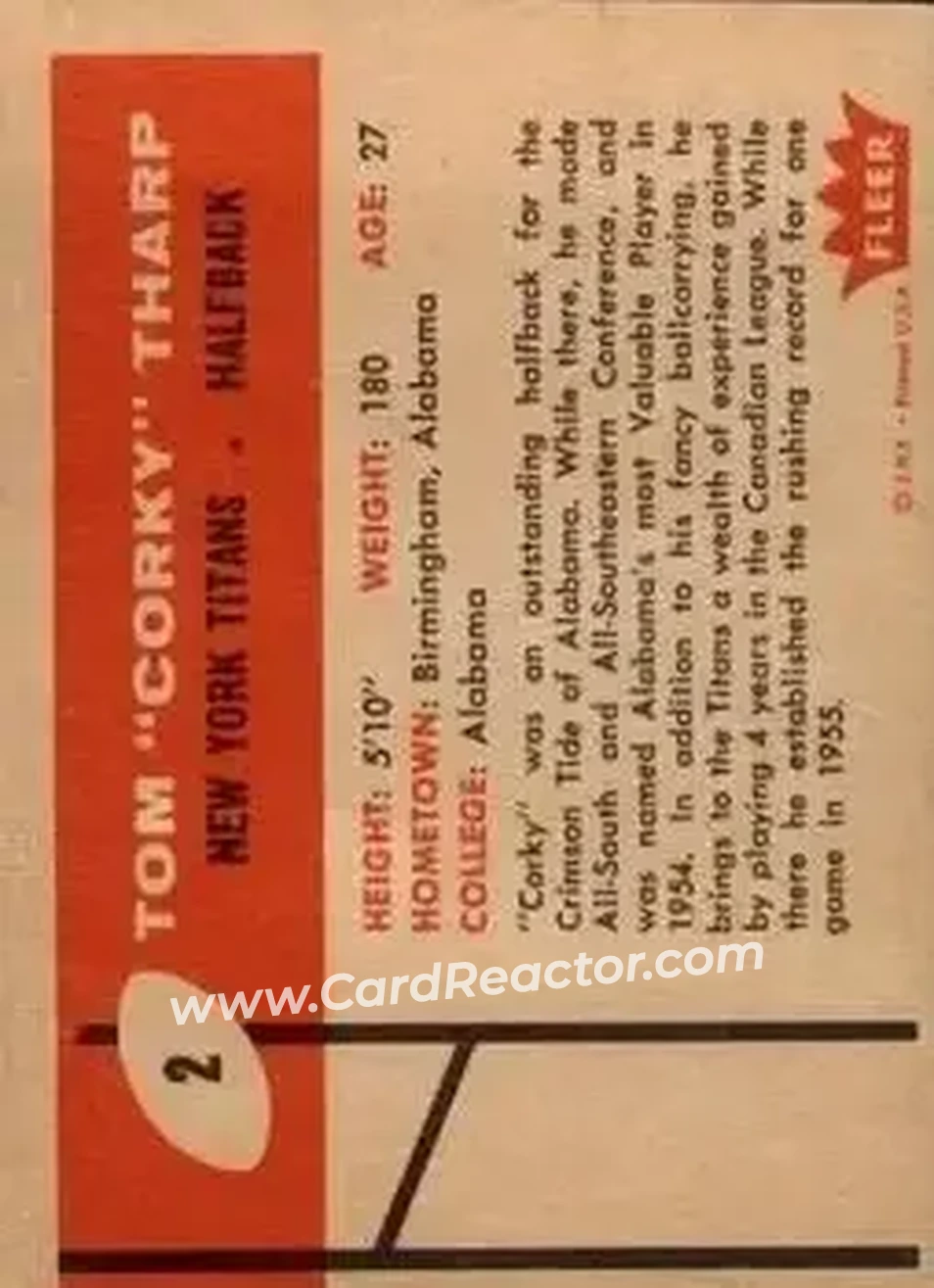 1960 Fleer #2 - Corky Tharp - New York Titans - Back 1960 Fleer #2 - Corky Tharp - New York Titans - Back