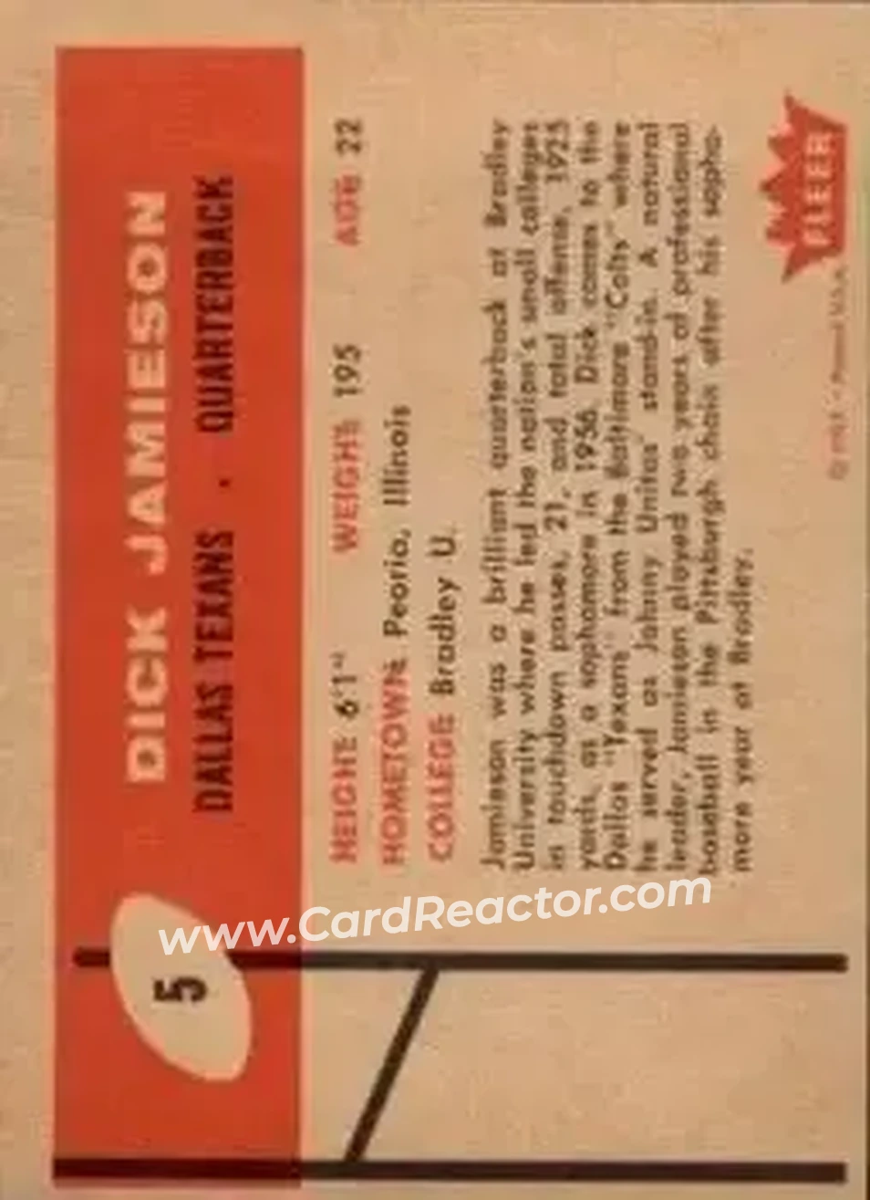 1960 Fleer #5 - Dick Jamieson - Dallas Texans - Back 1960 Fleer #5 - Dick Jamieson - Dallas Texans - Back