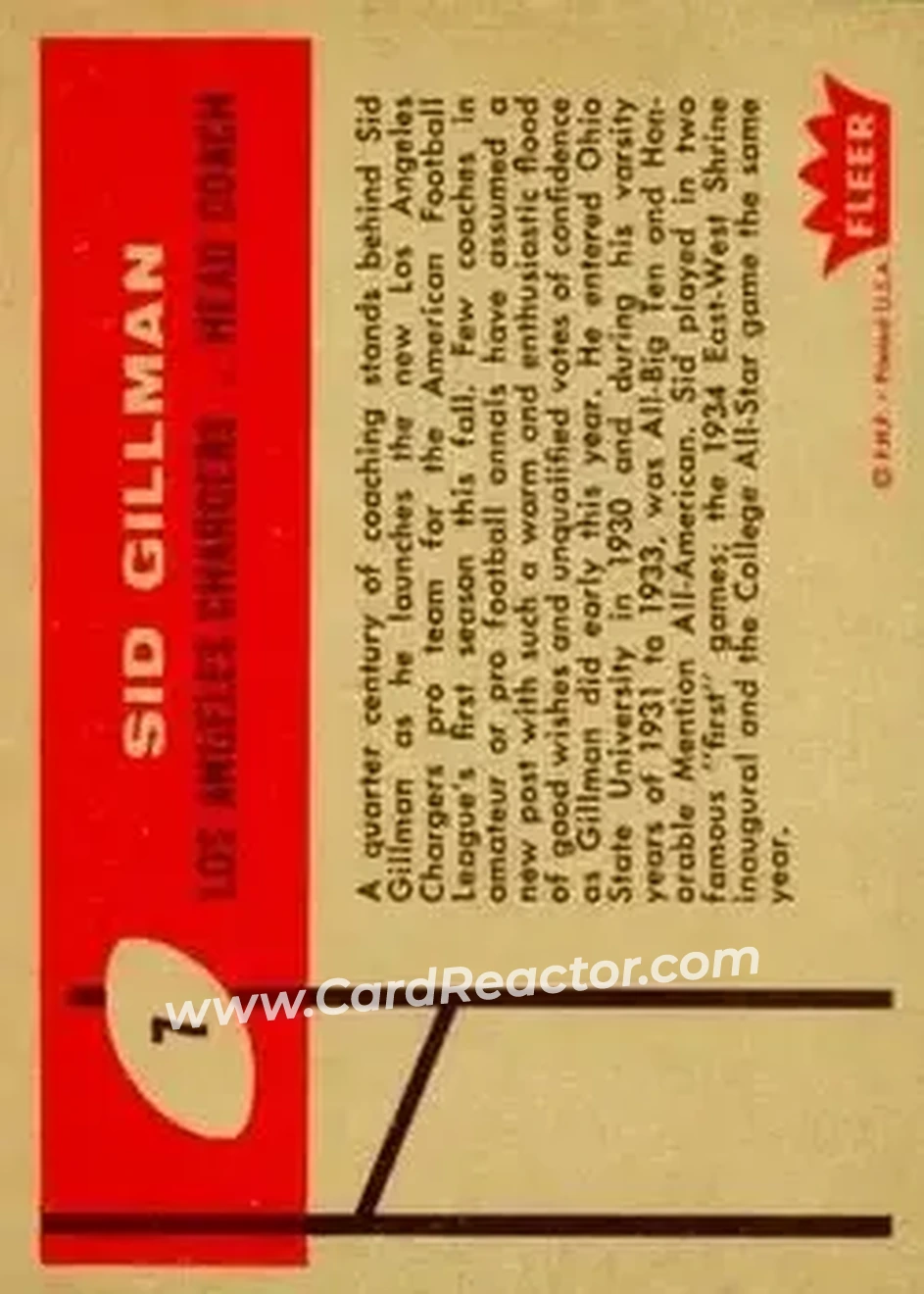 1960 Fleer #7 - Sid Gillman - Los Angeles Chargers - Back 1960 Fleer #7 - Sid Gillman - Los Angeles Chargers - Back