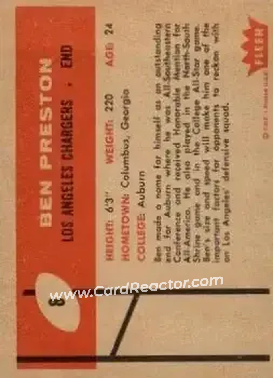 1960 Fleer #8 - Ben Preston - Los Angeles Chargers - Back 1960 Fleer #8 - Ben Preston - Los Angeles Chargers - Back