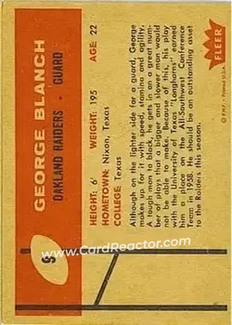 1960 Fleer #9 - George Blanch - Oakland Raiders - Back 1960 Fleer #9 - George Blanch - Oakland Raiders - Back