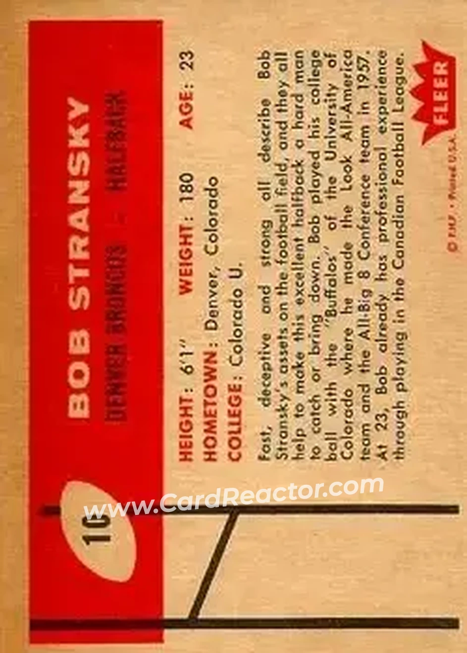 1960 Fleer #10 - Bob Stransky - Denver Broncos - Back 1960 Fleer #10 - Bob Stransky - Denver Broncos - Back