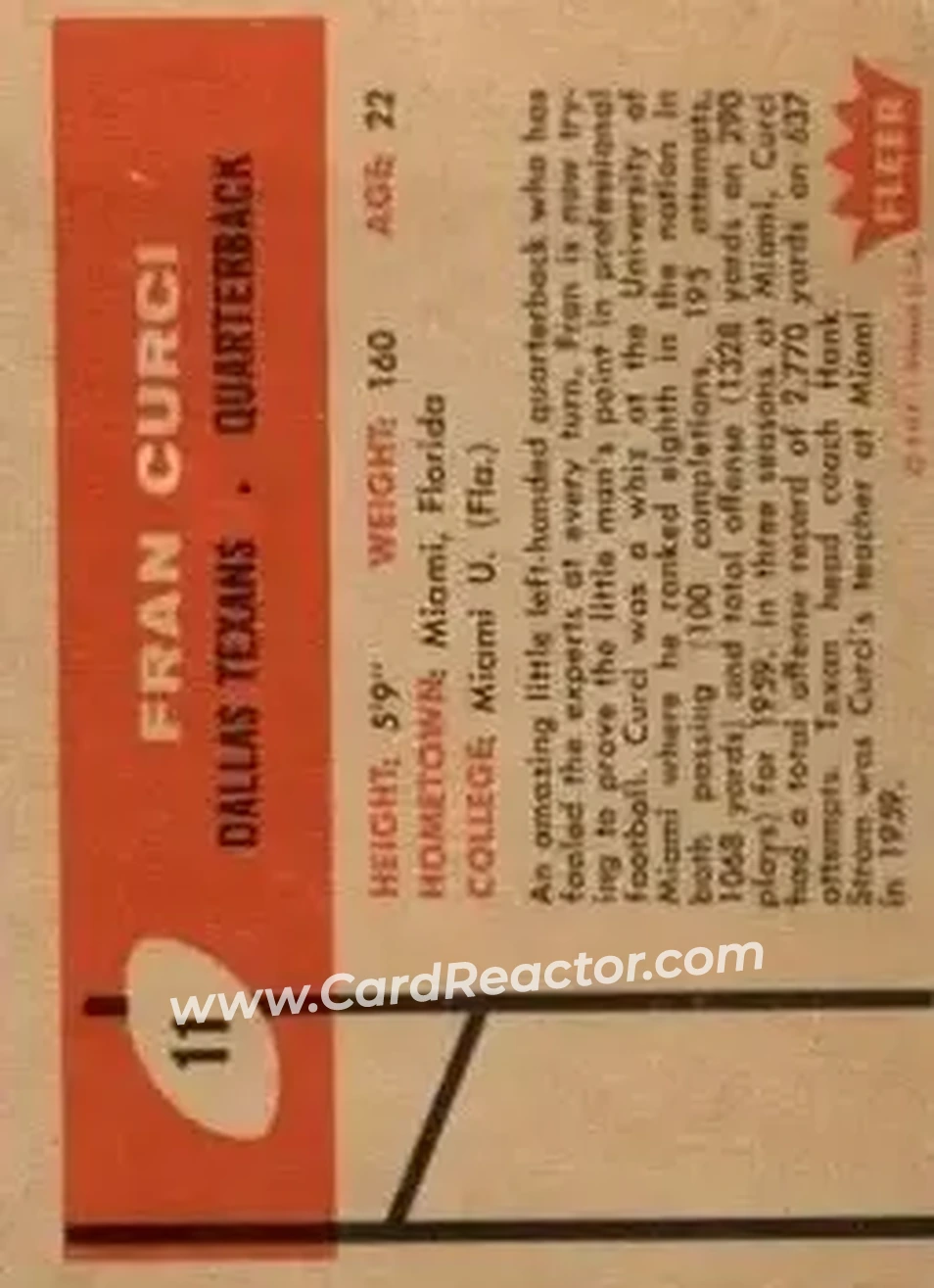 1960 Fleer #11 - Fran Curci - Dallas Texans - Back 1960 Fleer #11 - Fran Curci - Dallas Texans - Back