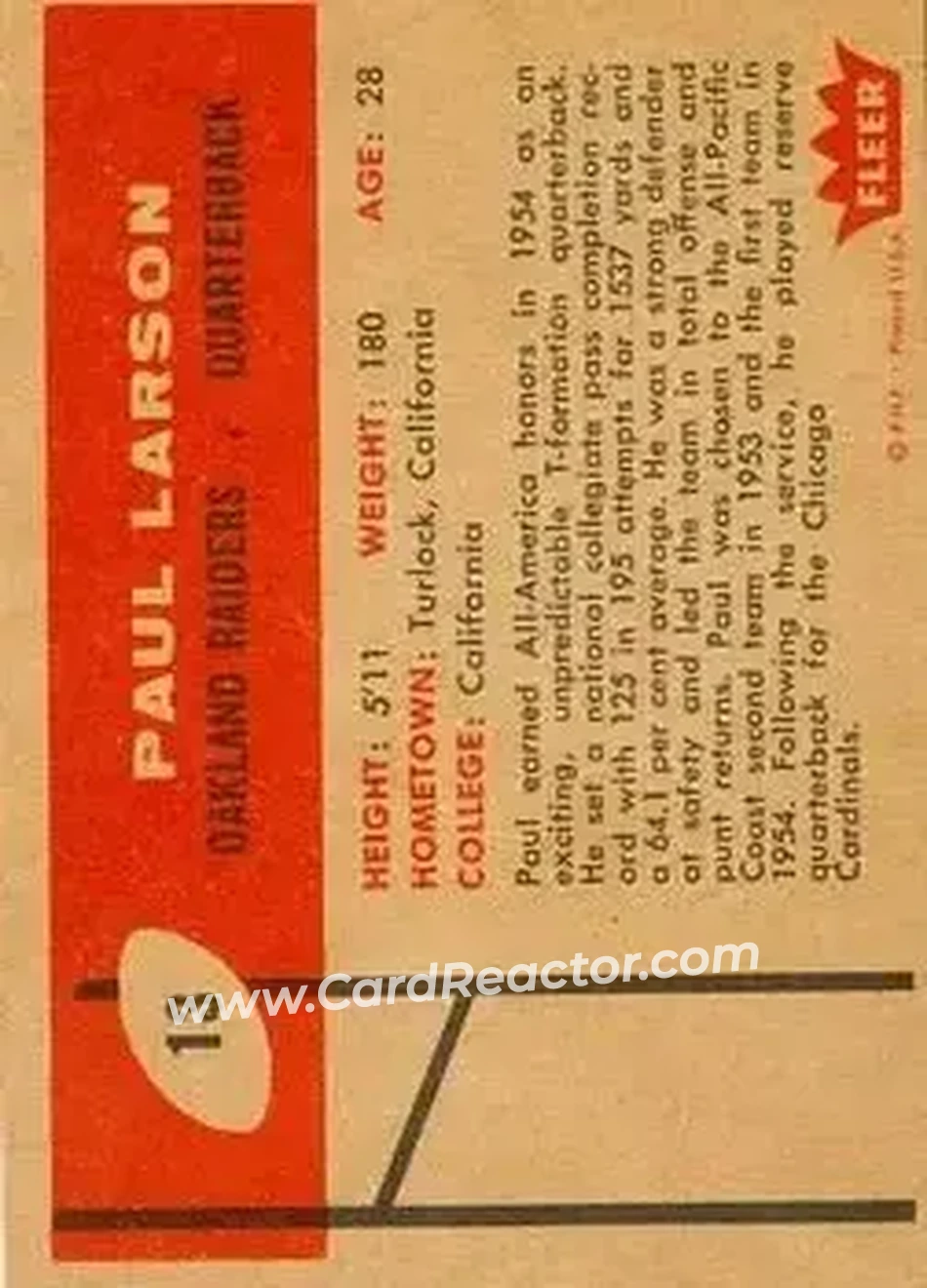 1960 Fleer #13 - Paul Larson - Oakland Raiders - Back 1960 Fleer #13 - Paul Larson - Oakland Raiders - Back