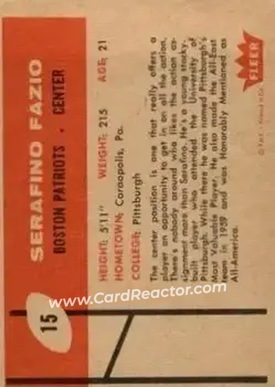 1960 Fleer #15 - Serafino Fazio - Boston Patriots - Back