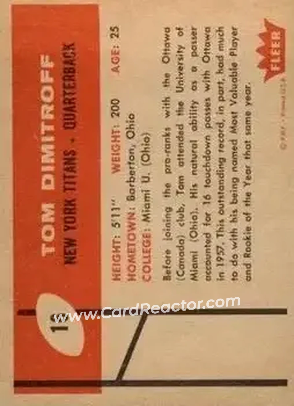 1960 Fleer #16 - Tom Dimitroff - New York Titans - Back