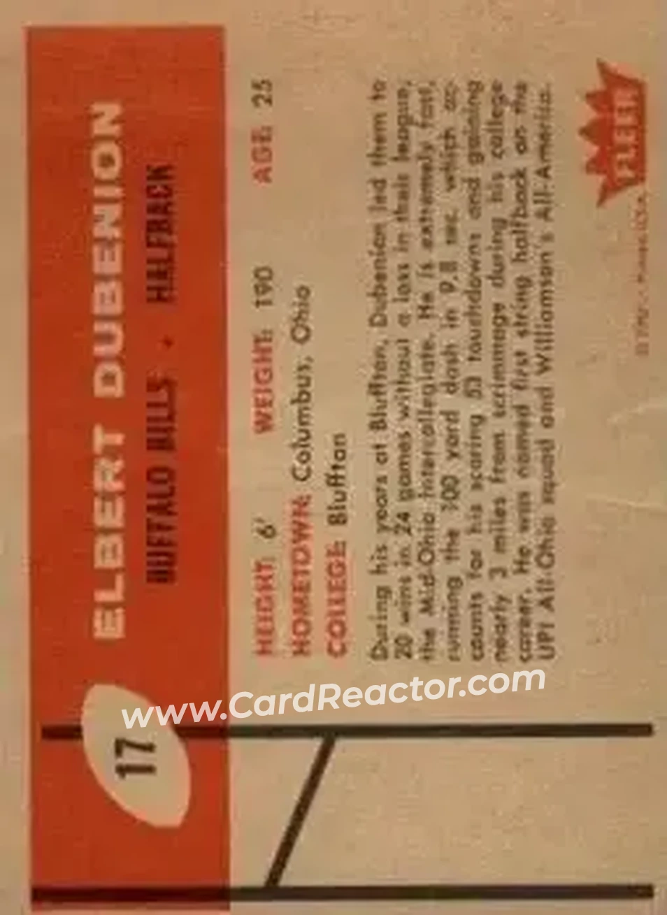 1960 Fleer #17 - Elbert Dubenion - Buffalo Bills - Back 1960 Fleer #17 - Elbert Dubenion - Buffalo Bills - Back
