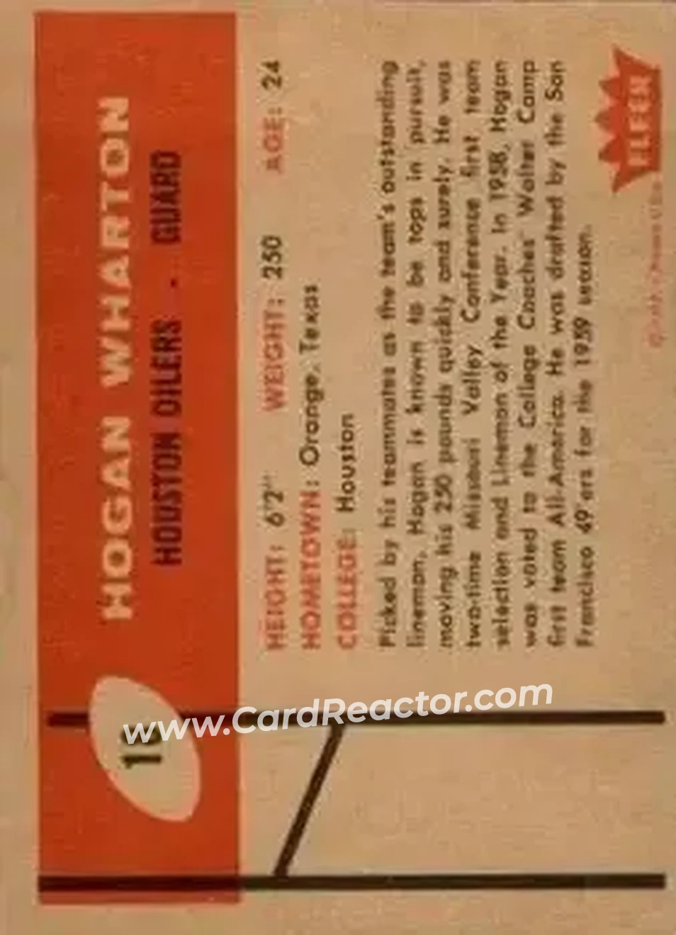 1960 Fleer #18 - Hogan Wharton - Houston Oilers - Back 1960 Fleer #18 - Hogan Wharton - Houston Oilers - Back