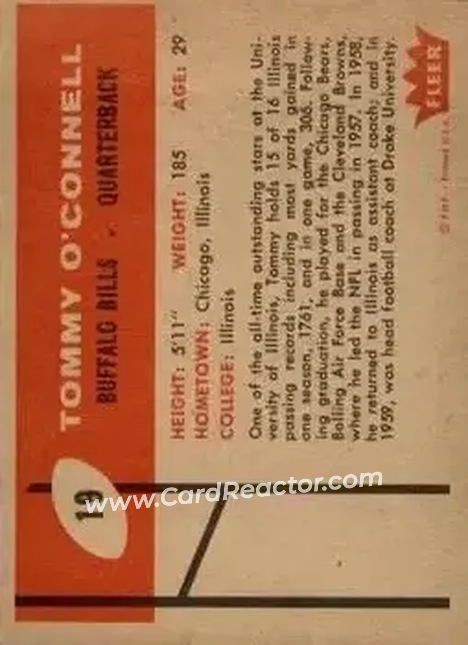 1960 Fleer #19 - Tommy O'Connell - Buffalo Bills - Back 1960 Fleer #19 - Tommy O'Connell - Buffalo Bills - Back