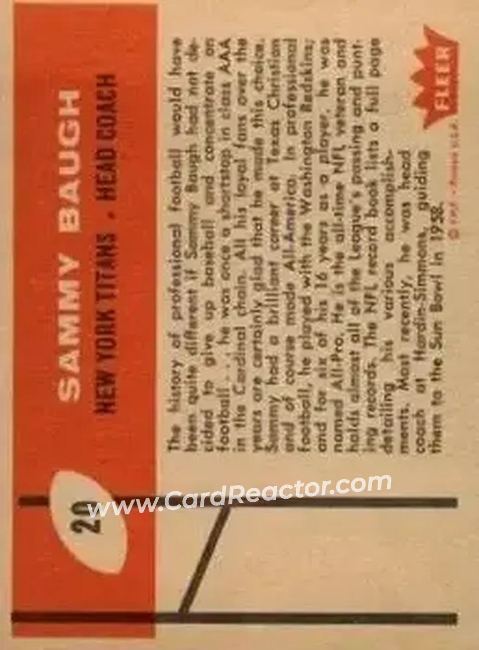 1960 Fleer #20 - Sammy Baugh - New York Titans - Back 1960 Fleer #20 - Sammy Baugh - New York Titans - Back