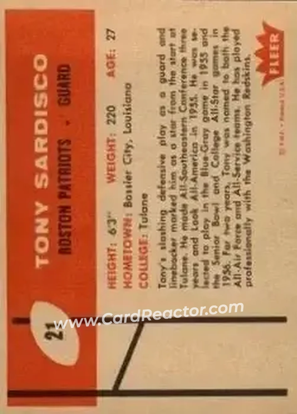 1960 Fleer #21 - Tony Sardisco - Boston Patriots - Back 1960 Fleer #21 - Tony Sardisco - Boston Patriots - Back