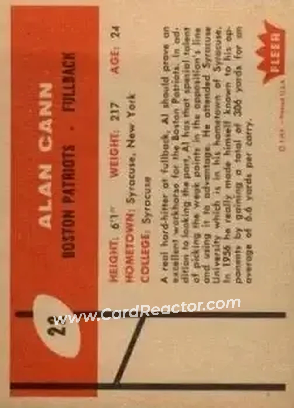 1960 Fleer #22 - Alan Cann - Boston Patriots - Back 1960 Fleer #22 - Alan Cann - Boston Patriots - Back