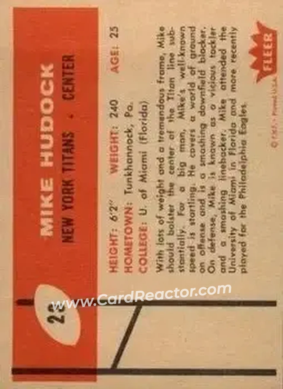 1960 Fleer #23 - Mike Hudock - New York Titans - Back 1960 Fleer #23 - Mike Hudock - New York Titans - Back
