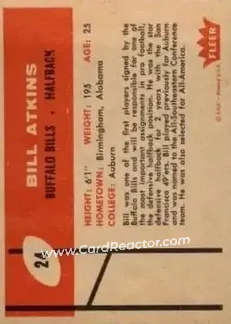 1960 Fleer #24 - Bill Atkins - Buffalo Bills - Back 1960 Fleer #24 - Bill Atkins - Buffalo Bills - Back