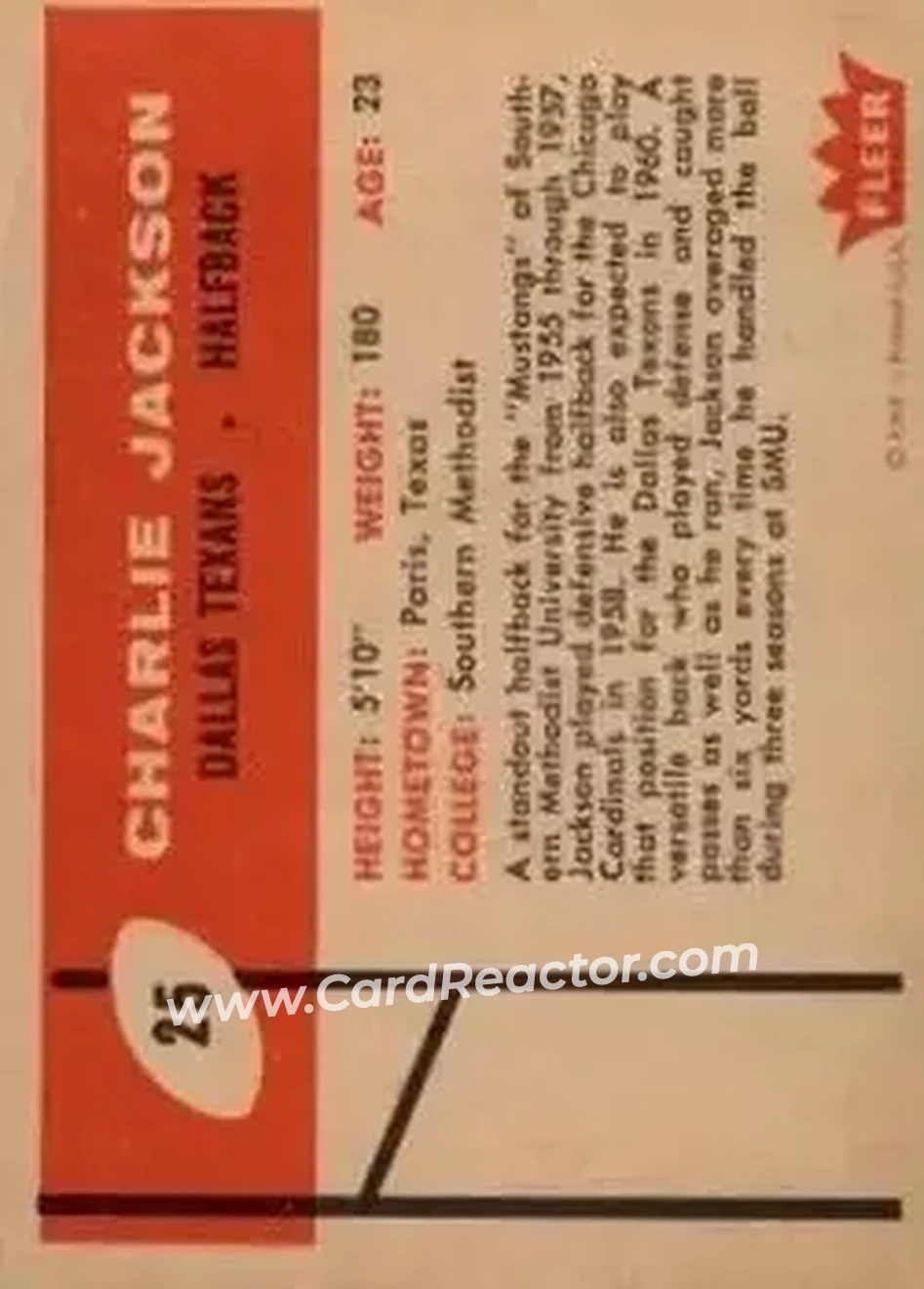 1960 Fleer #25 - Charlie Jackson - Dallas Texans - Back