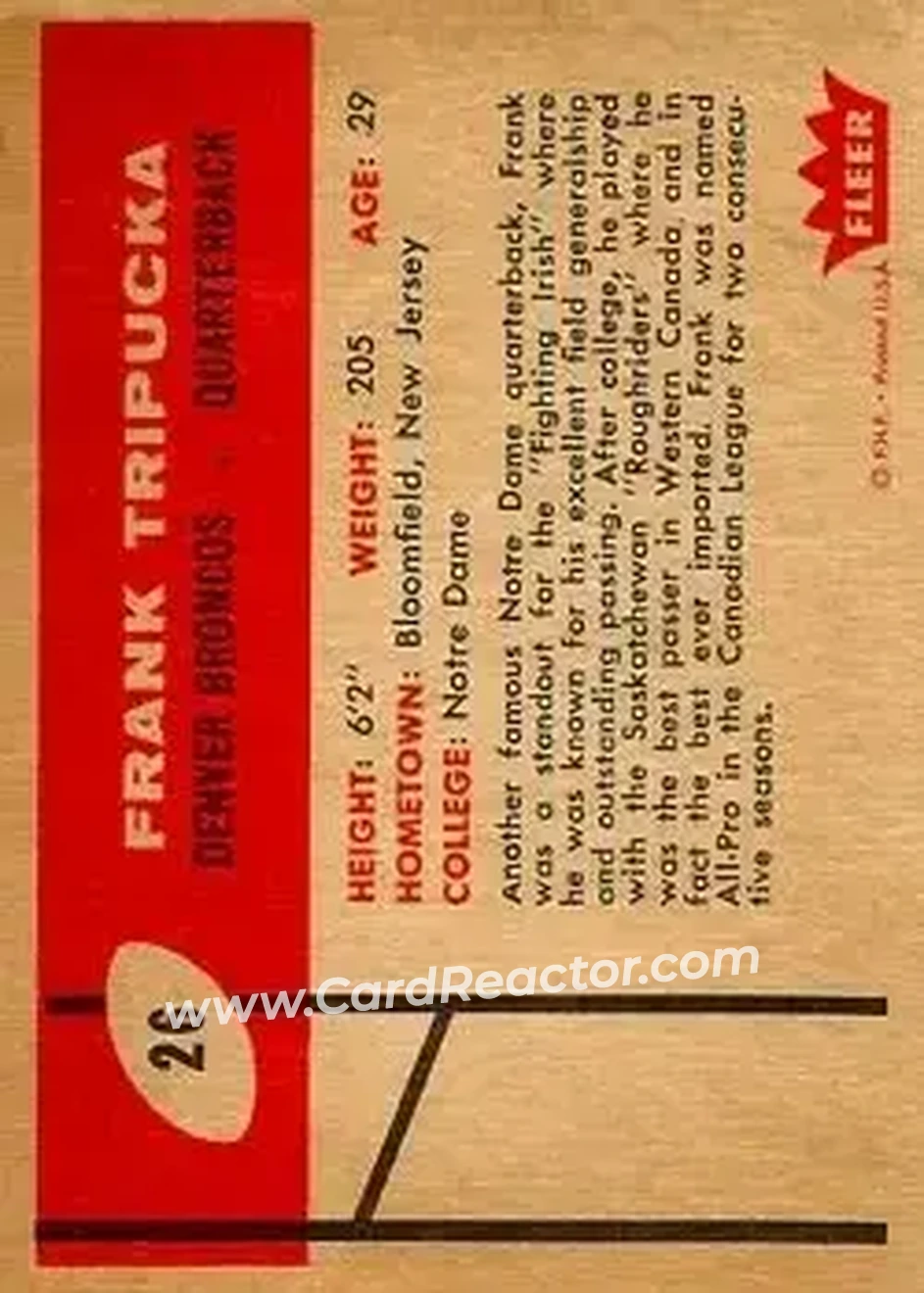 1960 Fleer #26 - Frank Tripucka - Denver Broncos - Back