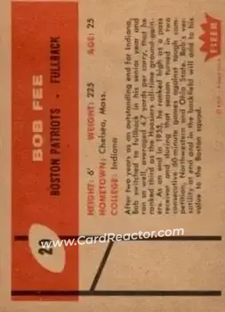 1960 Fleer #29 - Bob Fee - Boston Patriots - Back 1960 Fleer #29 - Bob Fee - Boston Patriots - Back