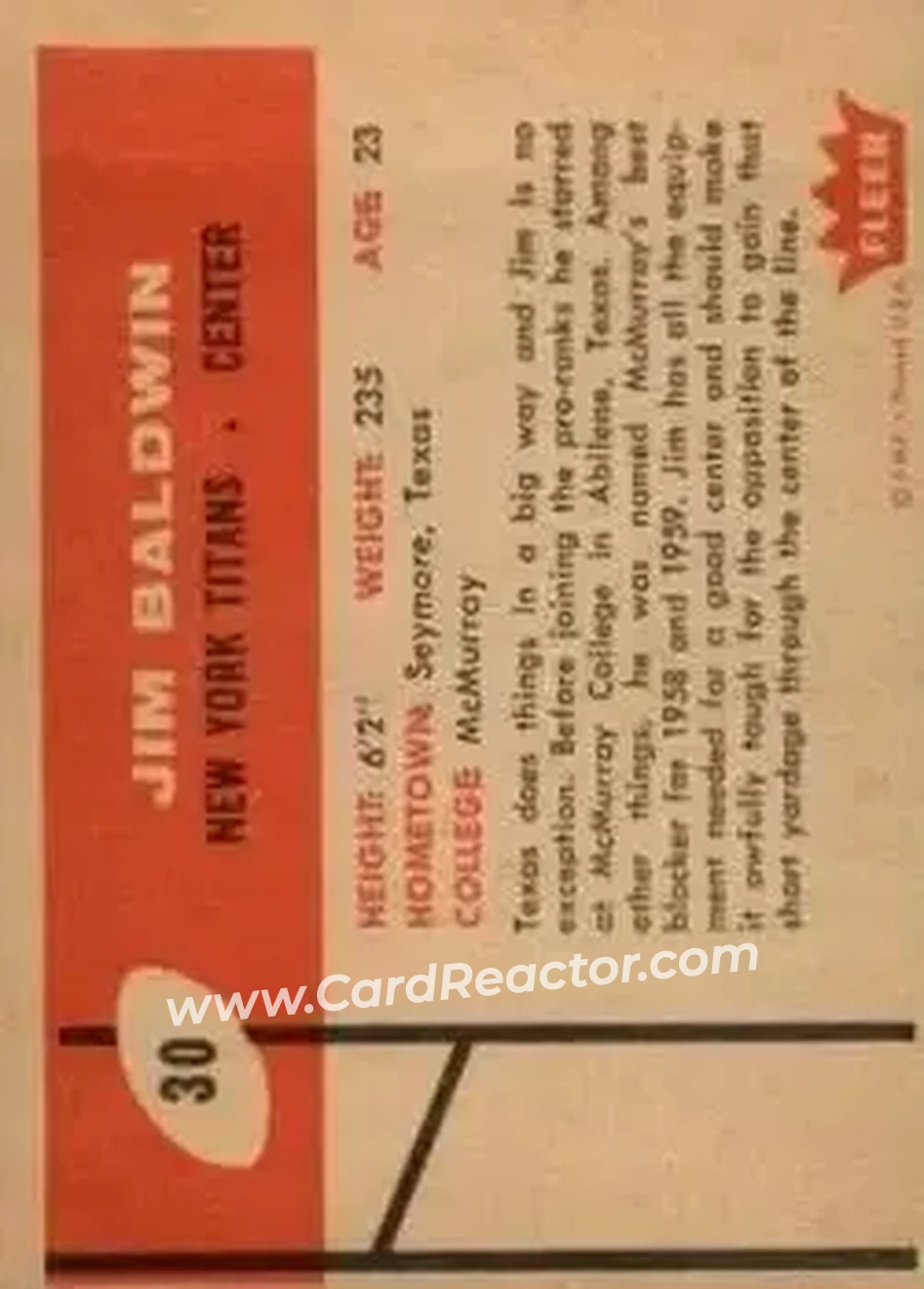 1960 Fleer #30 - Jim Baldwin - New York Titans - Back 1960 Fleer #30 - Jim Baldwin - New York Titans - Back