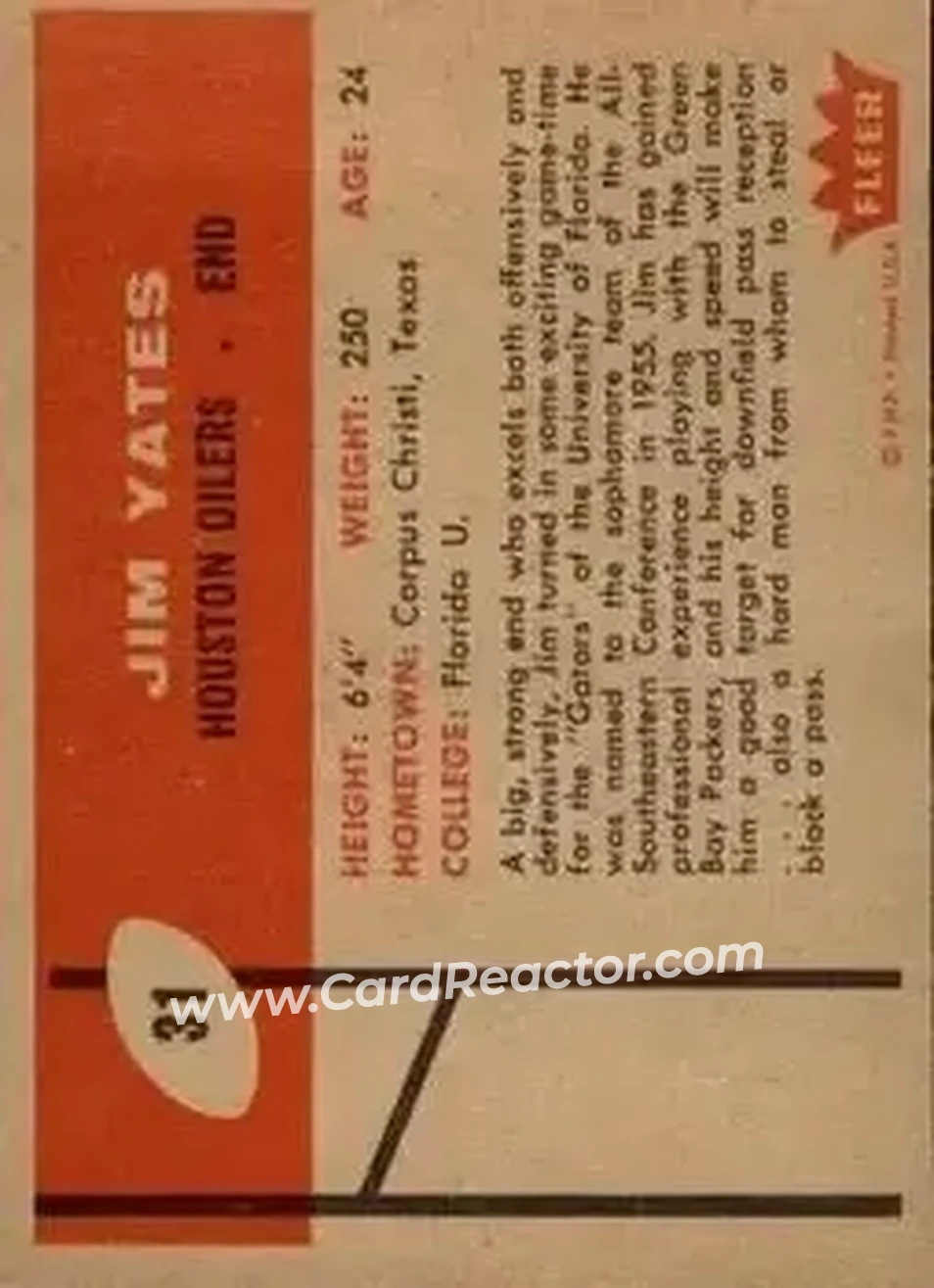1960 Fleer #31 - Jim Yates - Houston Oilers - Back