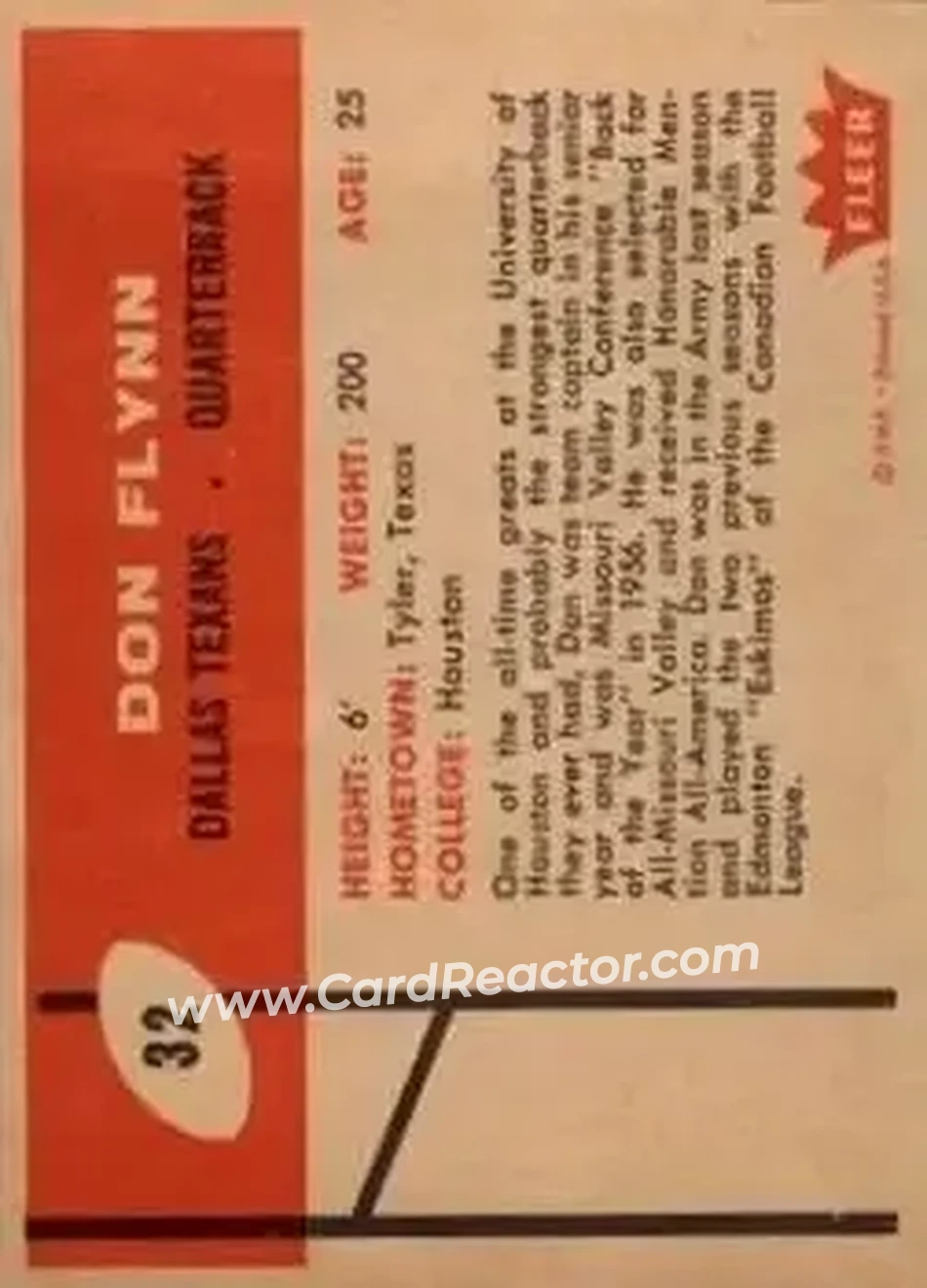 1960 Fleer #32 - Don Flynn - Dallas Texans - Back