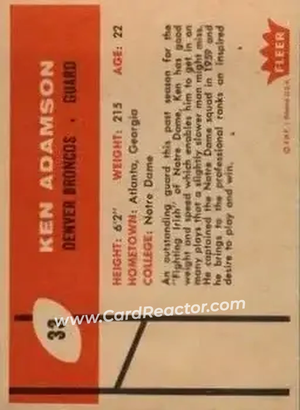 1960 Fleer #33 - Ken Adamson - Denver Broncos - Back