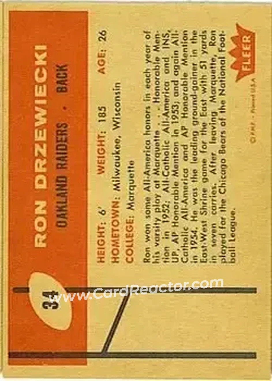 1960 Fleer #34 - Ron Drzewiecki - Oakland Raiders - Back