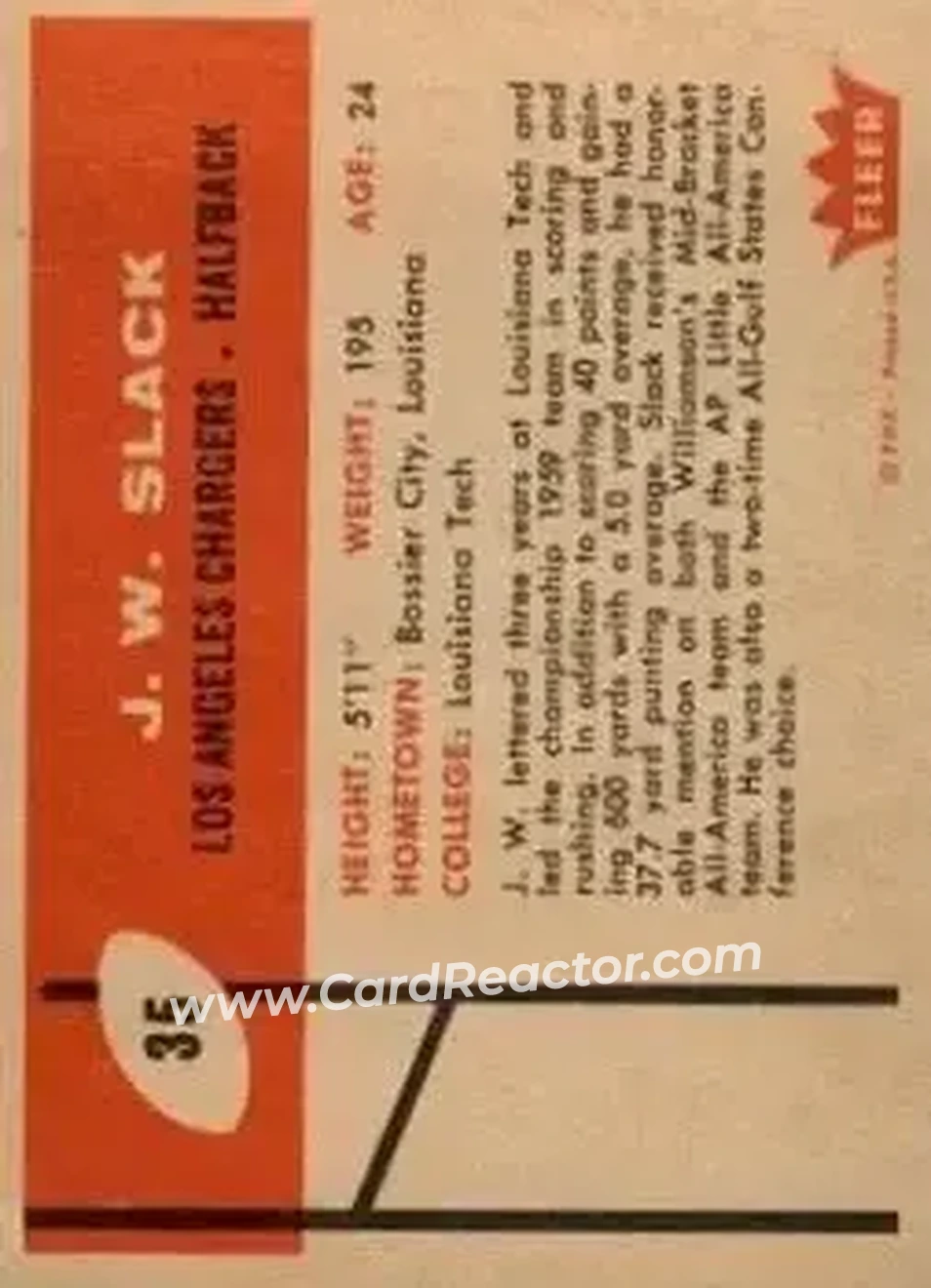 1960 Fleer #35 - J.W. Slack - Los Angeles Chargers - Back