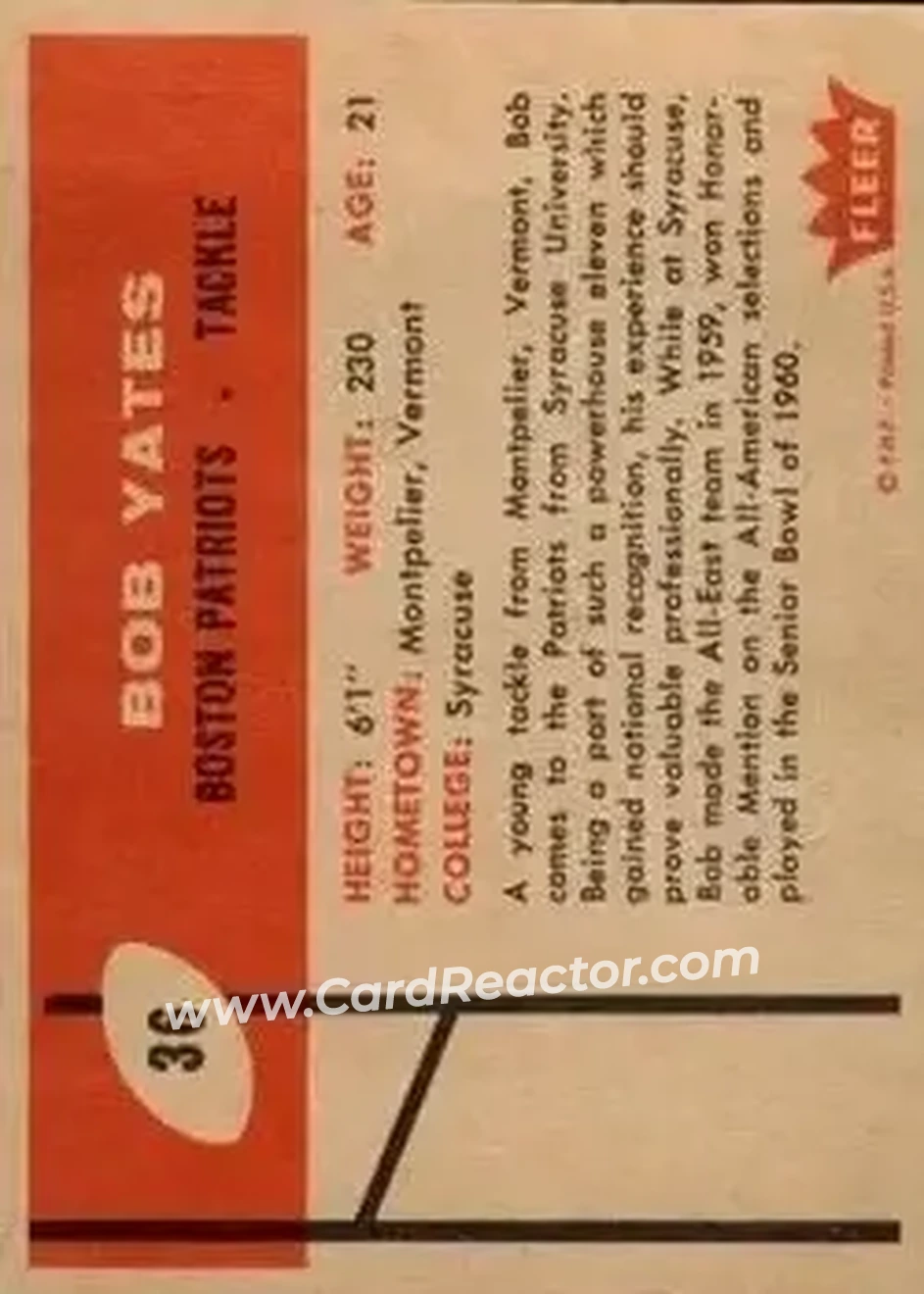 1960 Fleer #36 - Bob Yates - Boston Patriots - Back
