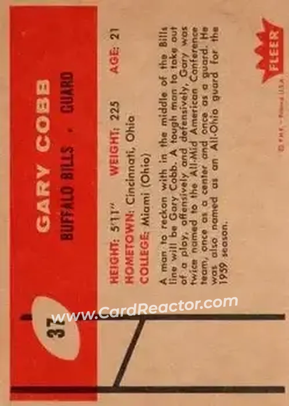 1960 Fleer #37 - Gary Cobb - Buffalo Bills - Back