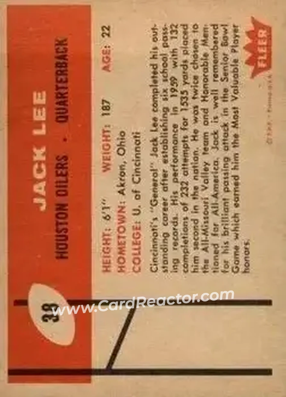 1960 Fleer #38 - Jack Lee - Houston Oilers - Back