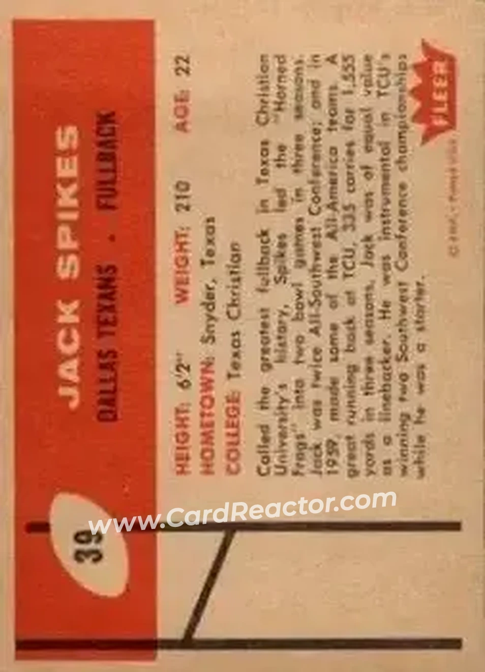 1960 Fleer #39 - Jack Spikes - Dallas Texans - Back