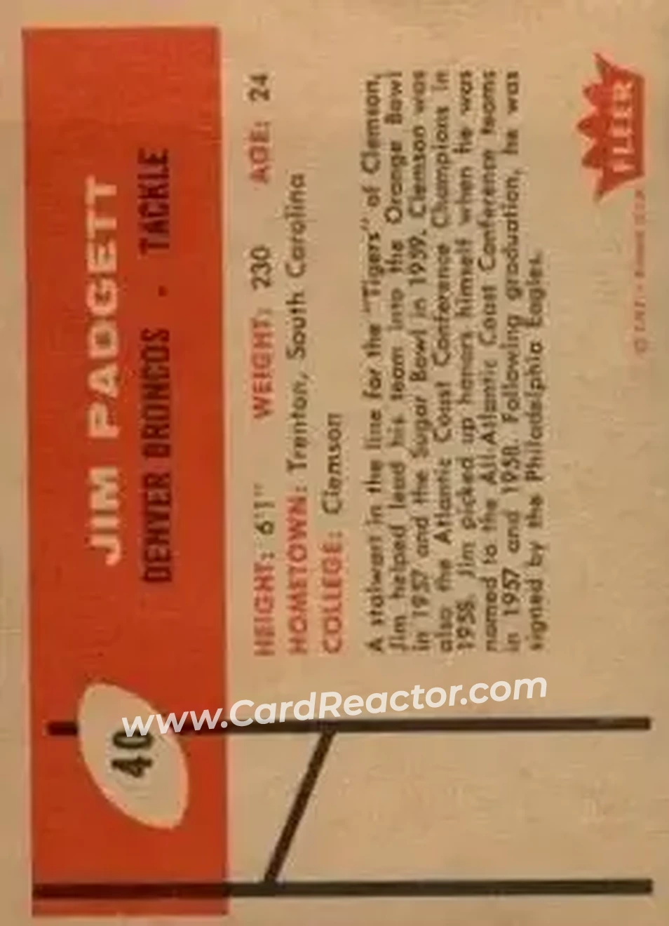 1960 Fleer #40 - Jim Padgett - Denver Broncos - Back 1960 Fleer #40 - Jim Padgett - Denver Broncos - Back