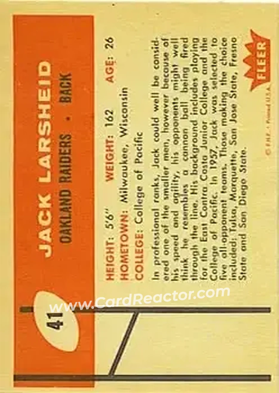 1960 Fleer #41 - Jack Larscheid - Oakland Raiders - Back