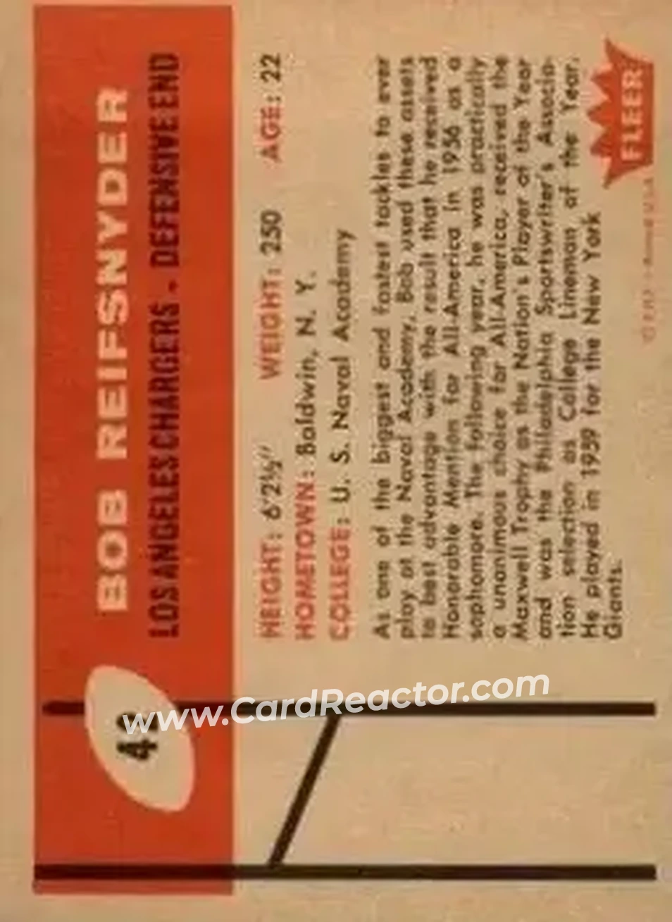 1960 Fleer #42 - Bob Reifsnyder - Los Angeles Chargers - Back 1960 Fleer #42 - Bob Reifsnyder - Los Angeles Chargers - Back