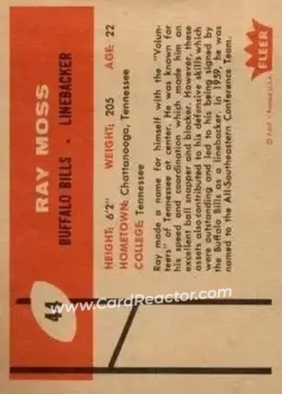 1960 Fleer #44 - Ray Moss - Buffalo Bills - Back